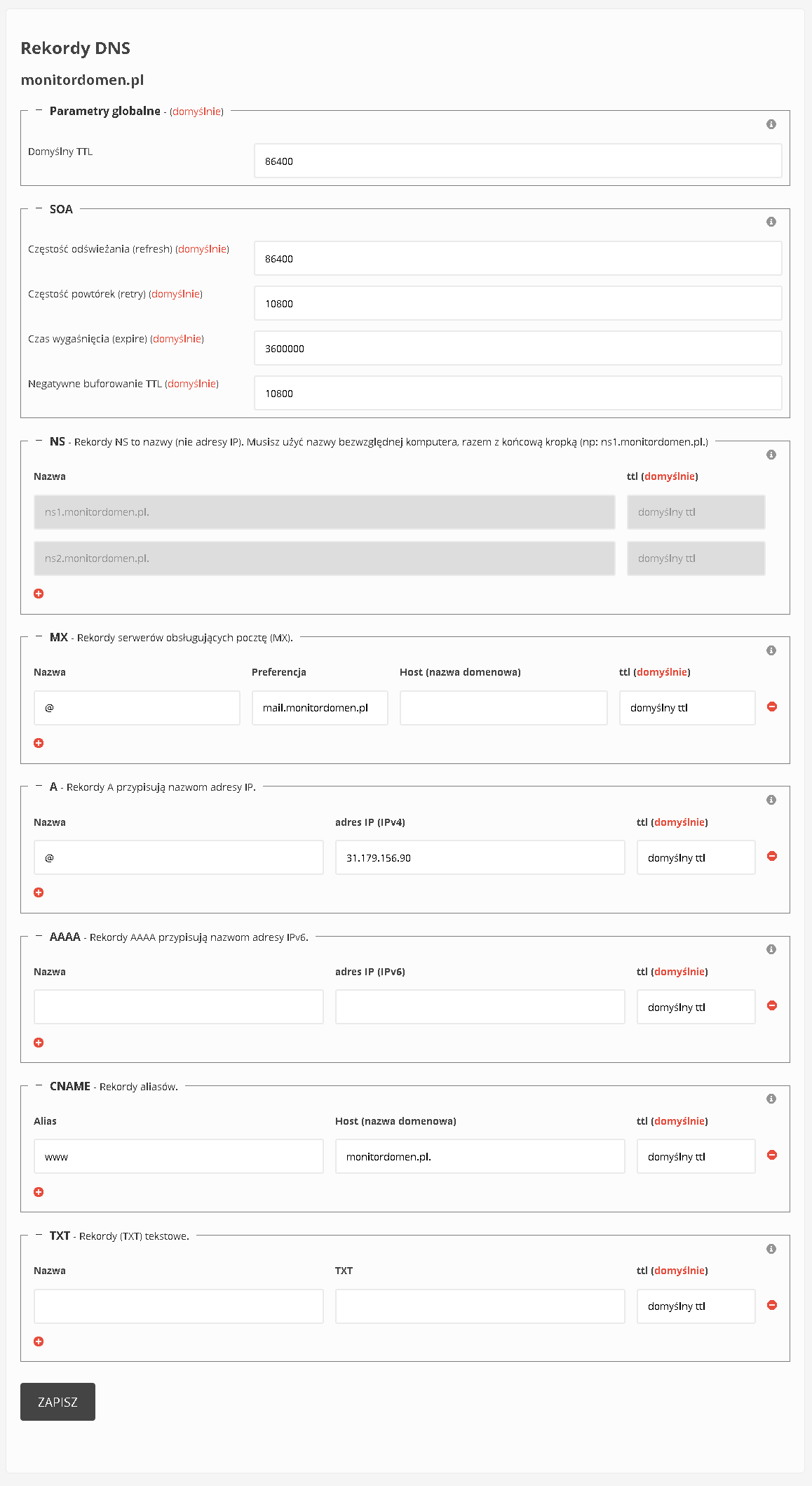 Panel zarządzania domenami, rekordami DNS w monitordomen.pl